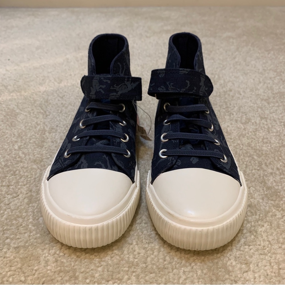 Joe Fresh Blue White High Top Sneakers Kids Size 1 Dinosaurs Print Strap NEW